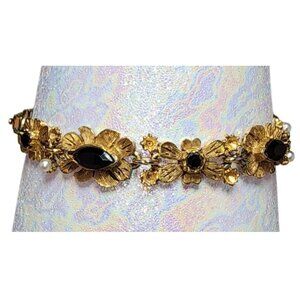 Vintage Florenza Bracelet Gold Tone Floral Black Rhinestone Faux Pearl Beautiful